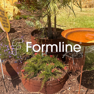 Rust Corten steel planter boxes in an outdoor garden setting, with a prominent white 'Formline' logo watermark across the center.