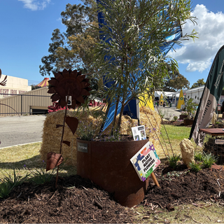 A small potted tree displayed outdoors in a large rusted metal planter, with a colorful 'Plant a Tree' sign in front. Hay bales, metal garden decor, mulch, and an outdoor market or fair background are visible under a blue sky.