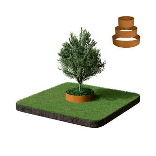 A square patch of green turf with a small tree planted in the center, surrounded by a terracotta-colored ring, shown on a white background with three matching rings floating in the upper right.