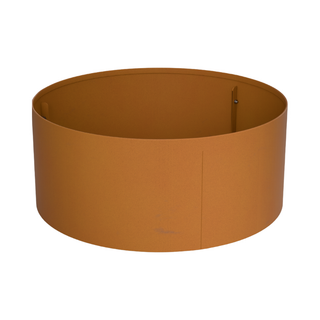 A circular metal fire pit ring in a warm rust-orange finish, shown from a three-quarters perspective on a solid white background.