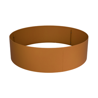 A circular metal fire pit ring in a warm rust-brown color, shown from a three-quarters perspective on a solid white background.
