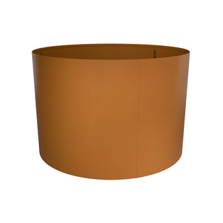 A cylindrical metal planter pot with a warm terracotta or rust-orange finish, shown against a plain white background.