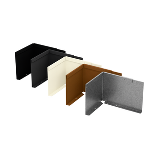 Four L-shaped metal wall panels shown in different colors: black, dark gray, off-white, and textured gray, arranged diagonally on a plain white background.