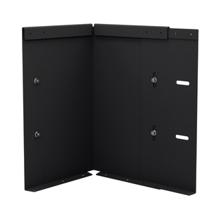 Black metal mounting bracket with two vertical panels and silver screws, shown on a plain white background.
