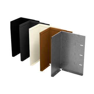 Four metal L-bracket wall panels shown in different colors: black, off-white, brown, and textured gray, arranged in a staggered row on a white background.