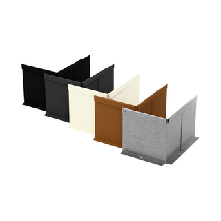 Four metal wall panels shown in different colors on a plain white background: black, dark charcoal, off-white, rust brown, and textured gray.