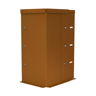A rust-orange metal electrical cabinet or junction box with pre-drilled screw holes and mounting brackets, shown on a solid white background.