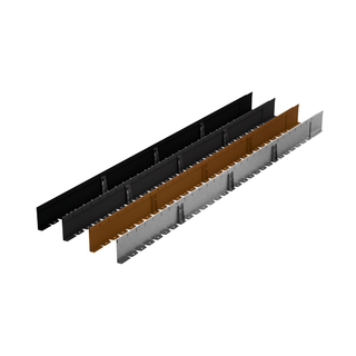 Three long rectangular metal wall panels shown in a staggered stack on a plain white background: one black panel, one warm brown panel, and one silver panel.