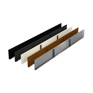 Four long rectangular metal guard rails or trim strips shown in a staggered stack on a plain white background. The visible colors are black, off-white/cream, brown, and silver-gray.