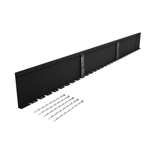 A long black metal mounting bracket or wall panel shown at an angle on a white background, with six silver drill bits placed below it.