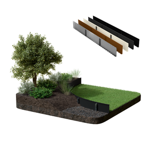 A raised garden bed kit shown as a landscaped sample with a tree, shrubs, soil, gravel, and green turf, alongside four panel options in different colors floating above on a white background.
