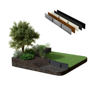 A landscaped garden bed mockup on a white background, featuring a tree, shrubs, grass, mulch, and a raised black planter, with four long rectangular panel options shown floating above.