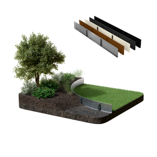 A landscaped garden bed mockup with a tree, shrubs, grass, and a curved retaining wall, shown on a white background with four material sample panels floating above.