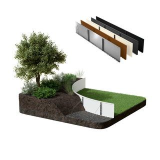 A rendered landscape installation showing a curved white retaining wall with integrated fencing, grass turf, soil, and a small tree, plus a separate row of vertical wall panels in different colors above on a white background.