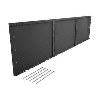 Black metal mounting panel system with six silver drill bits displayed on a clean white background.
