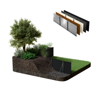 A 3D rendering of a landscape garden bed with a raised black plastic planter box, grass, and a tree, shown alongside a stack of different panel colors in the top right on a white background.