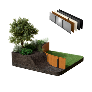 A 3D rendering of a landscaped garden bed with a curved wooden retaining wall, grass, soil, and a tree, shown alongside a stack of panel color options on a white background.