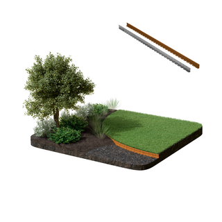 A landscaped soil sample block with a green grass turf section, dark soil, mulch, shrubs, and a tree, shown on a white background with two long rectangular sample strips floating above.