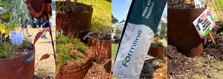 A four-panel collage showing outdoor garden or nursery scenes: potted plants in a garden bed, a Formline flag/banner in the center, a sign on a rusty metal planter, and mulch around planters. Because multiple real outdoor environments and people are visible, this fits Lifestyle rather than Product/Packaging.