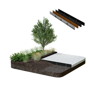 A rendered cross-section of a landscaped garden bed showing soil, plants, a tree, a white paving slab sample, and three material sample strips above on a white background.