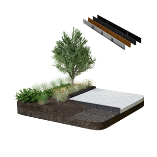 A landscaped rectangular garden bed or patio base shown in a cutaway view, with soil, plants, grasses, a tree, and a white paving surface. Above the scene, four long linear material samples in black, gray, brown, and white are displayed on a plain white background.
