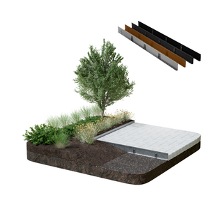 A landscaped patio and garden bed cross-section with a tree, plants, soil layers, and a raised light gray stone or concrete slab structure, plus three long linear material samples shown above on a white background.
