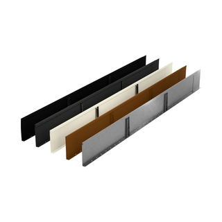 Four long rectangular metal guard rails or trim strips shown in a staggered stack on a plain white background. The visible colors are black, off-white/cream, brown, and silver-gray.