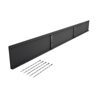 A long black metal mounting bracket or wall panel shown at an angle on a white background, with five silver drill bits placed below it.
