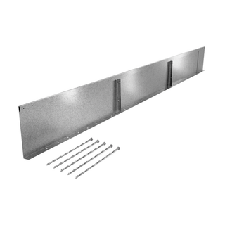 A long, narrow metal mounting bracket or panel shown at an angle on a white background, with five matching metal screws placed below it.