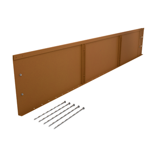 A long rectangular metal mounting bracket or panel in a warm coppery brown finish, shown at an angle with four metal screws placed below it on a plain white background.