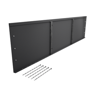 A black metal mounting bracket or panel assembly shown at an angle on a white background, with six long metal screws placed below it.