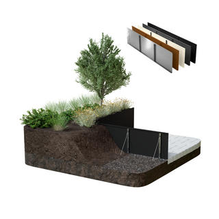 A landscaped raised garden bed cross-section with soil, plants, mulch, and a black planter wall, plus a small inset showing layered material samples on a white background.
