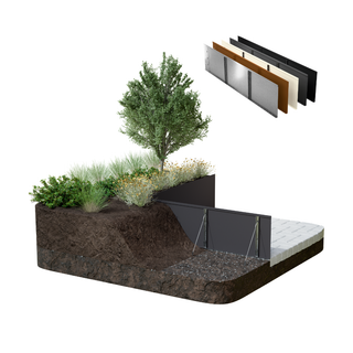 A rendered cross-section of a landscaped garden bed showing soil, plants, a tree, and a dark retaining wall, with a small inset of layered wall panels in the upper right on a white background.