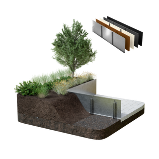 A landscaped raised garden bed or planter section shown in a cutaway view, with soil, plants, a tree, and a small inset of layered wall or panel materials on a plain white background.