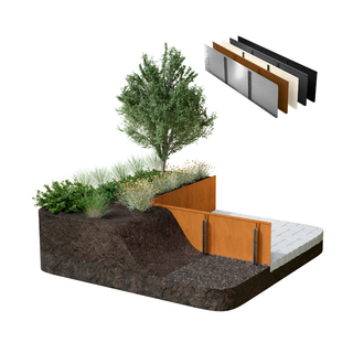 A 3D architectural rendering of a modern landscape terrace and retaining wall system, featuring terracotta-colored walls, a white textured top layer, a planted soil bed with a tree and shrubs, and a cross-section inset showing layered wall materials in the upper right.