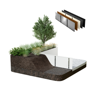 A rendered cross-section of a landscaped planter or raised garden bed showing soil, plants, a tree, and a white panel structure, with a small inset of layered material samples in the upper right on a white background.