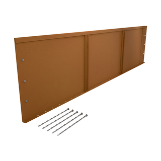 A long rectangular metal wall panel or cladding board in a warm coppery brown finish, shown at an angle with five long metal screws placed in front on a plain white background.