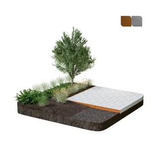A landscaped garden bed sample with a small tree, shrubs, mulch, gravel, and a white textured mat or pad, shown on a plain white background with two small color swatches in the top right.