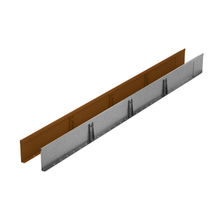 Two long narrow metal channel pieces shown at an angle on a plain white background, one with a warm brown/orange inner surface and one with a silver-gray inner surface.