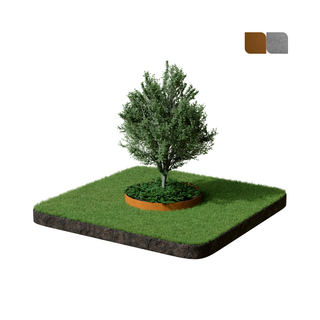 A small green tree planted in a square patch of artificial grass with dark soil edges, shown on a white background. A circular wooden planter surrounds the tree, and two small color swatches appear in the top-right corner.