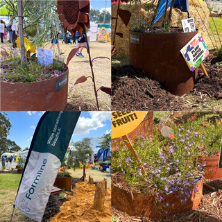 A four-panel collage showing outdoor garden or nursery scenes with large rusted metal planter boxes, plants, mulch, signs, and a Formline flag. The planter boxes are prominent, but the overall image includes real environments and people in the background, so this fits Lifestyle rather than Product/Packaging.